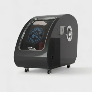 Compact 2.0 ATA black hard-shell hyperbaric oxygen chamber with glass door that fits through standard doors, model MC750 by Hyperbaric Wellness.