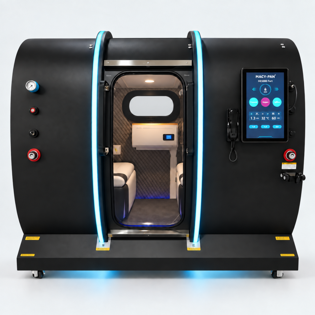 Matte-black HE5000 Fort hyperbaric chamber with blue illuminated rails